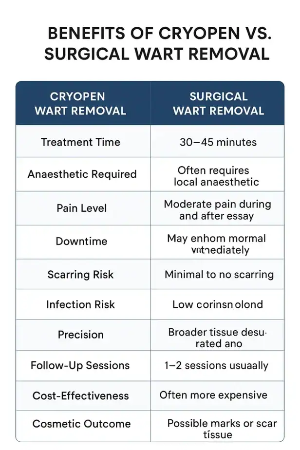 Table showing the benefits of cryopen to remove warts Matlock compared to surgical treatment